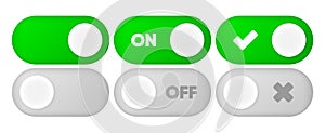 On and Off Toggle Switch Buttons. Modern user interface mockup. Template button in green and grey colors on white