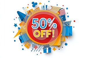 50% Off yellow shopping cart badge with red and blue festive decorations and 3D typography for holiday themed retail promotions photo