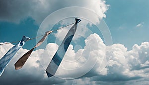 Offbeat image with ties flying in the air with a cloudy sky in the background