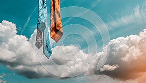 Offbeat image with ties flying in the air with a cloudy sky in the background