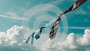 Offbeat image with ties flying in the air with a cloudy sky in the background