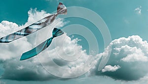 Offbeat image with ties flying in the air with a cloudy sky in the background