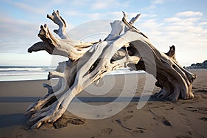 An offbeat perspective of a twisted driftwood log on a sandy beach