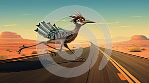 An offbeat roadrunner sprinting with exaggerated speed lines