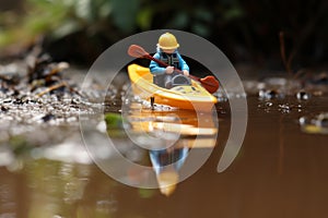 An offbeat scene of a miniature figure kayaking in a puddle after a rainstorm