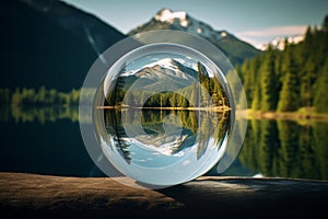 An offbeat view of a reflection in a bubble, distorting the surrounding scenery