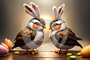 Offbeat white fluff creatures, hybrid of rabbits and birds, Easter's emblem. AI generated