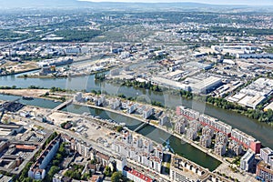 Offenbach real estate buildings living aerial photo Main river water port city town
