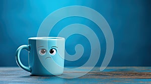 offended little blue mug with sad emoji, on a blue background, blue monday, copy space, banner