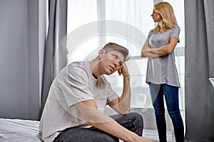 Offended married couple arguing, scream at each other