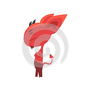 Offended red devil turned away, standing with arms crossed. Demon character with big ears, little horns and tail