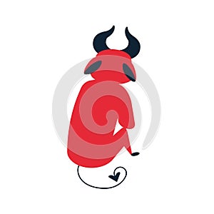 Offended sitting cartoon red devil back vector flat illustration. Upset little demon having sadness isolated on white