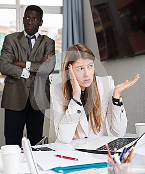 Offended woman after quarrel in office