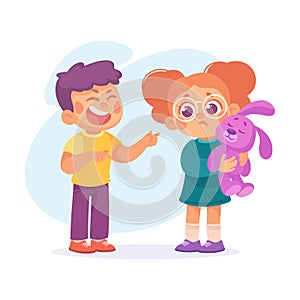 Offensive Boy Bullying and Abusing Unhappy Girl Agemate Teasing Vector Illustration