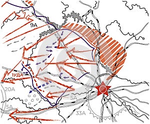 Offensive direction map with red army strike arrows