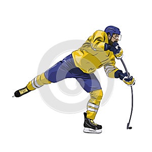 Offensive ice hockey player shooting puck photo