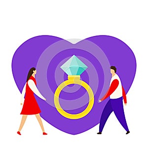 An offer of marriage. Man proposes a woman to marry him and gives an engagement ring. Vector illustration in cartoon