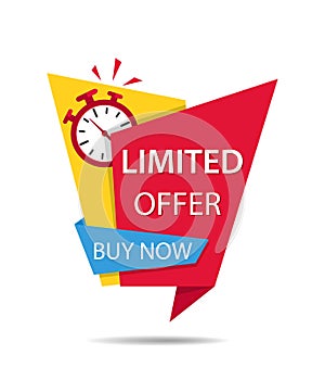 Offer time for sale. Promotion icon with clock and discount banner. Promo tag for last chance of sale. Label with alarm and