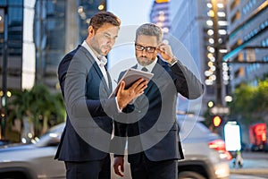 Offering deal, discussing new project. Two businessmen discussing outdoor during business meeting. Businessmen talking