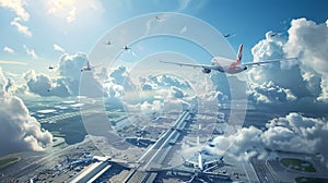 An exhilarating aerial view of a bustling airport terminal, with planes taking off and landing against a backdrop of blue skies photo