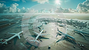 An exhilarating aerial view of a bustling airport terminal, with planes taking off and landing against a backdrop of blue skies photo