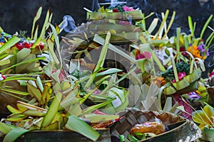 Offering to Hindu Gods in Bali island which called Canang and made from leaves and flowers