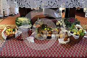 Offerings placed in front of the altar before Mass on Thanksgiving day in Stitar, Croatia