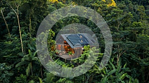 An offgrid cabin nestled in a lush forest its roof adorned with solar panels and surrounded by trees using solar energy
