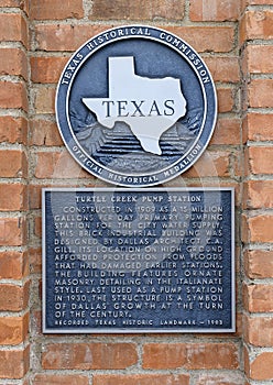 Offical Historical Medallion for the Turtle Cree Pump Station which now houses the Sammons Center for the Arts in Dallas, Texas.