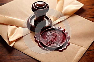 Offical wax seal used to certify identity and authority, on document envelope