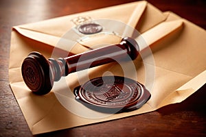 Offical wax seal used to certify identity and authority, on document envelope