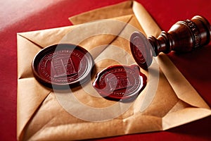 Offical wax seal used to certify identity and authority, on document envelope