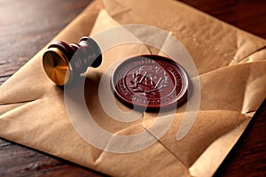 Offical wax seal used to certify identity and authority, on document envelope photo
