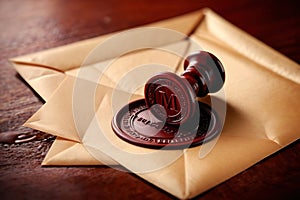 Offical wax seal used to certify identity and authority, on document envelope photo