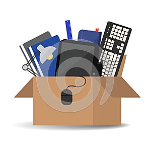 Office accessories in a cardboard box