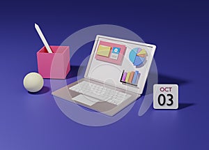 Office accessories with graph screen laptop isolated on purple background in business concept. 3D Rendering Illustration