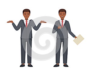 Office African American Man Character in Suit and Red Tie in Different Pose and Hand Gesture Vector Set
