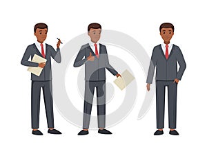 Office African American Man Character in Suit and Red Tie in Different Pose and Hand Gesture Vector Set