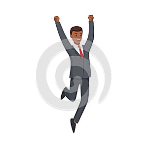 Office African American Man Character in Suit and Red Tie Jumping with Joy Vector Illustration