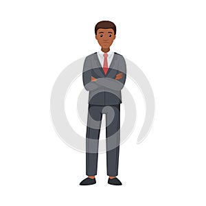 Office African American Man Character in Suit and Red Tie Standing with Folded Arms Vector Illustration