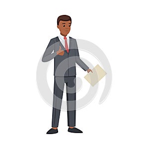 Office African American Man Character in Suit and Red Tie Standing with Paper Document and Showing Thumb Up Vector