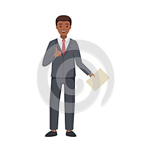 Office African American Man Character in Suit and Red Tie Standing with Paper Document and Showing Thumb Up Vector