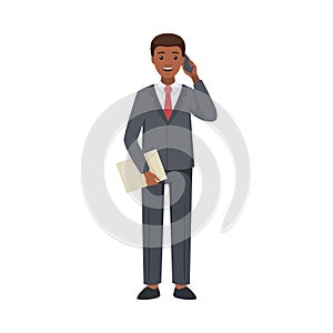 Office African American Man Character in Suit and Red Tie Standing and Speaking by Phone Vector Illustration