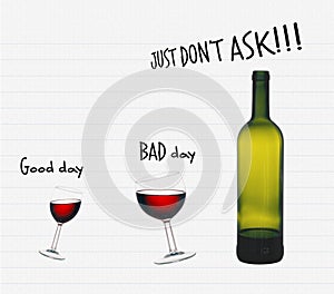 Office alcohol, red wine. Good day, bad day. Humour, fun.