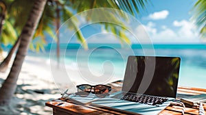 office on the beach, laptop with empty screen, sunglasses.