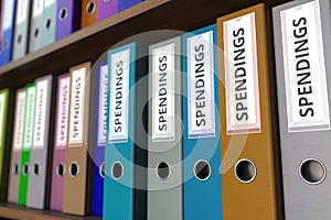 Office binders with SPENDINGS inscription. 3D rendering