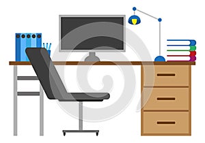 Office with black chair and table with computer and books.