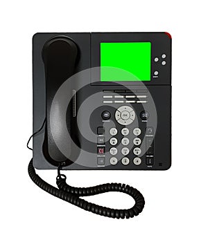 Office black IP telephone with green screen