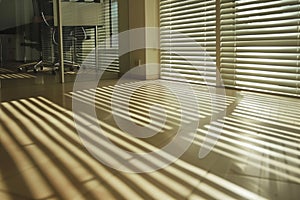 office with blinds halfopen casting striped shadows on floor