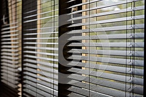 Office blinds. Modern wooden jalousie. Office meeting room lighting range control